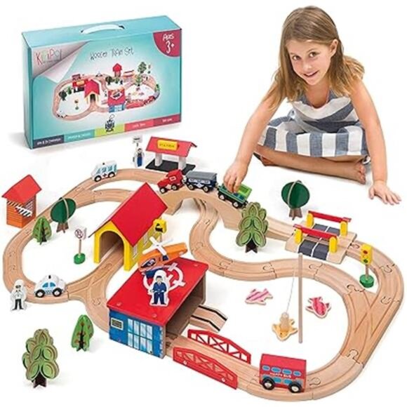 Wooden Train Set - 69 Pieces Wooden Train Tracks & Trains for Kids, Toddler - Picture 7 of 7